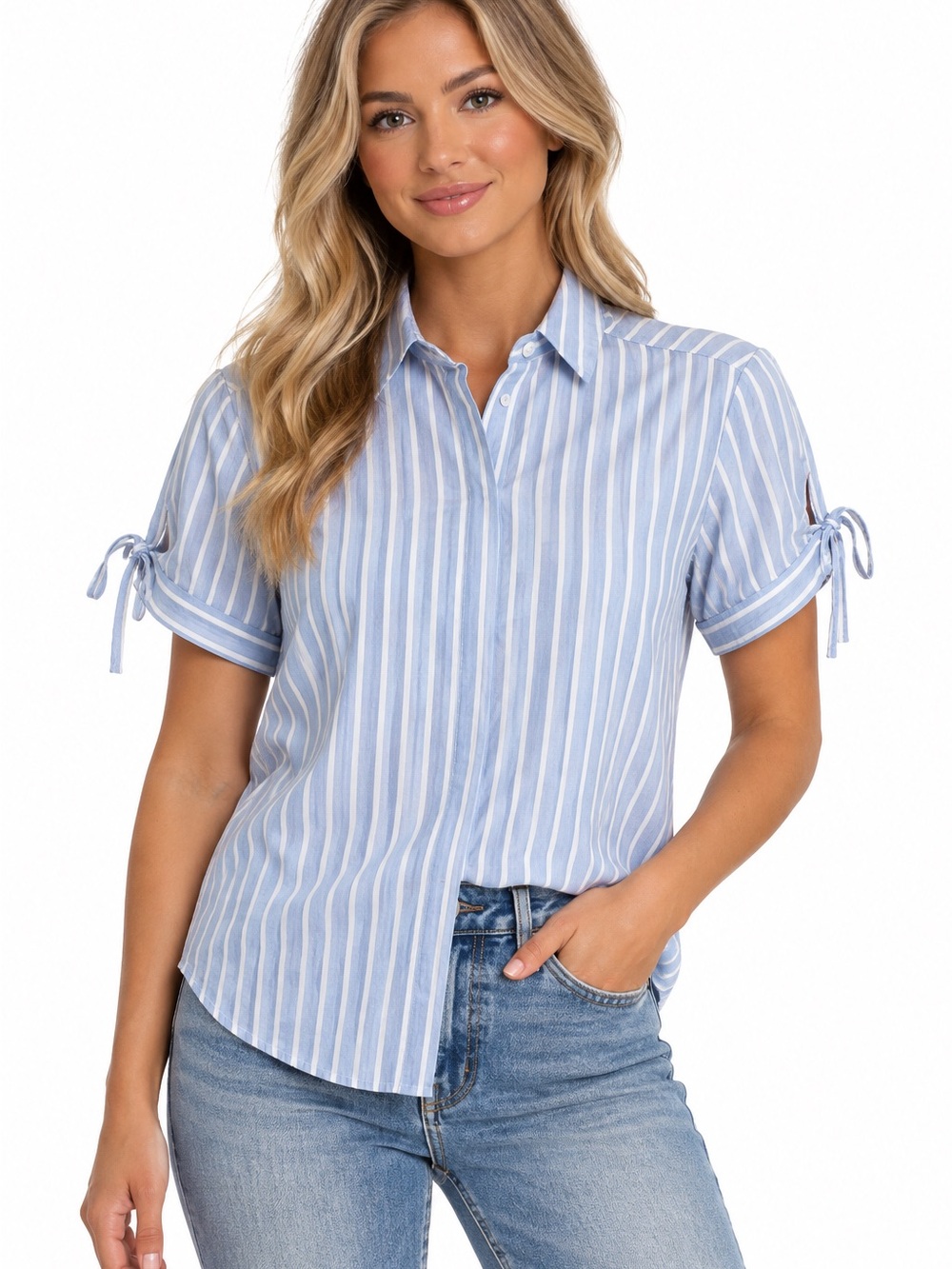 Express Blue and White Striped Tie-Sleeve Button Down Shirt